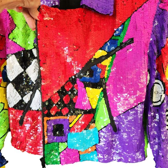 Sequin Moto Jacket Women's Neon Multicolor OOAK Zipper Front100% Silk Sz Medium - Picture 12 of 17